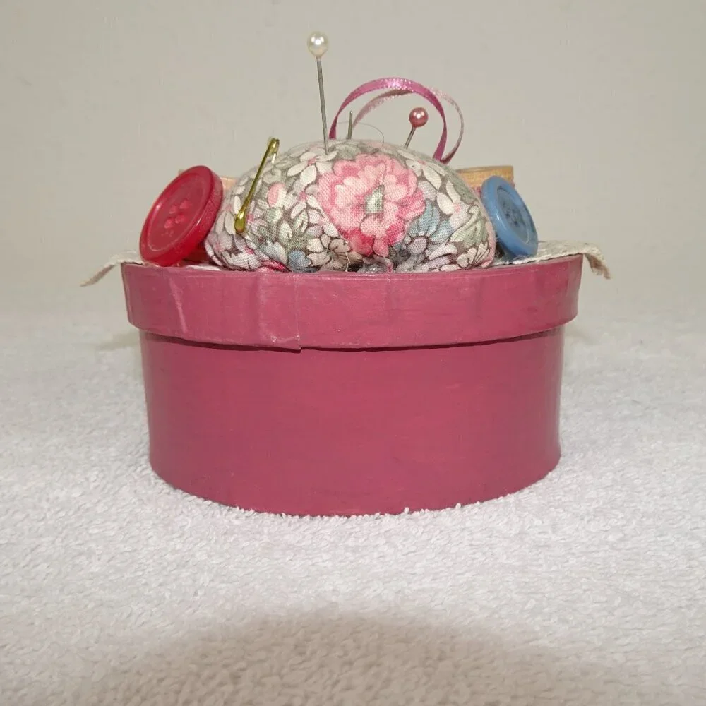 Vintage Sewing Box Pin Cushion Thread Button Organizer Storage 4 Inches Pink